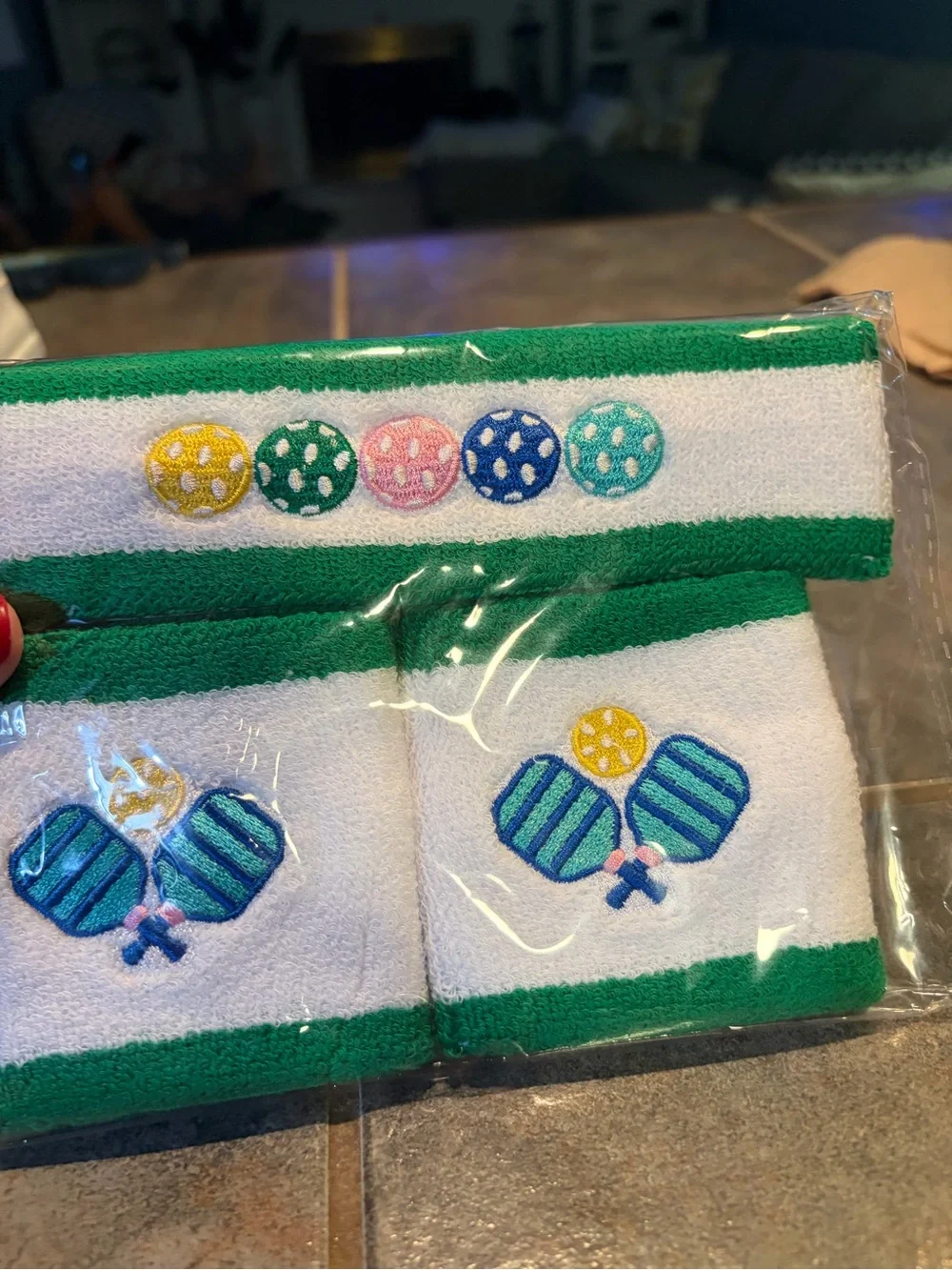 NWT Kids Pickleball Wristbands and Headband Set - White with Green and Blue Trim